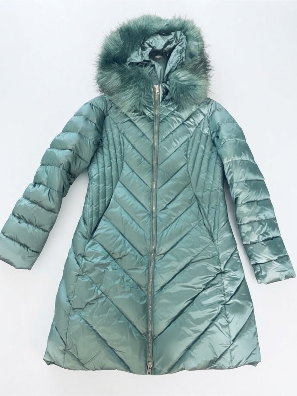 Laura Petites Women’s Green Down Puffer Coat Fur Hood Petite XS